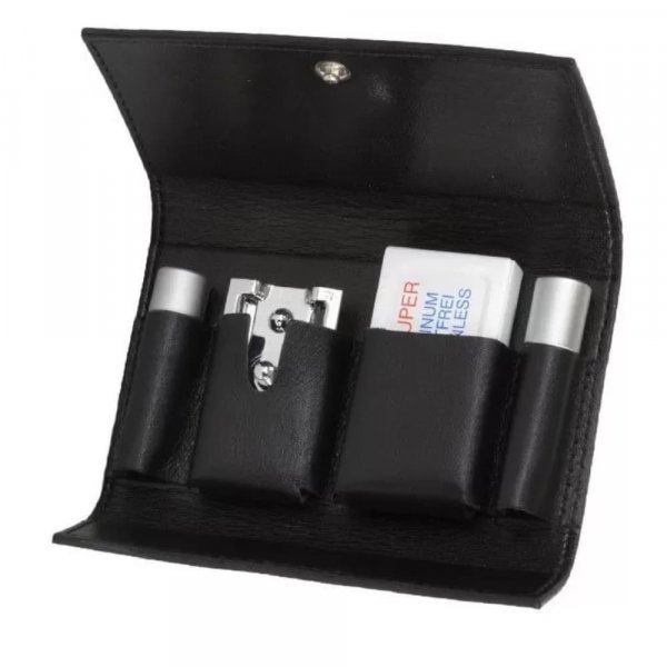 Rasoir de scurit Merkur 46C avec 10 lames et tui en cuir noir